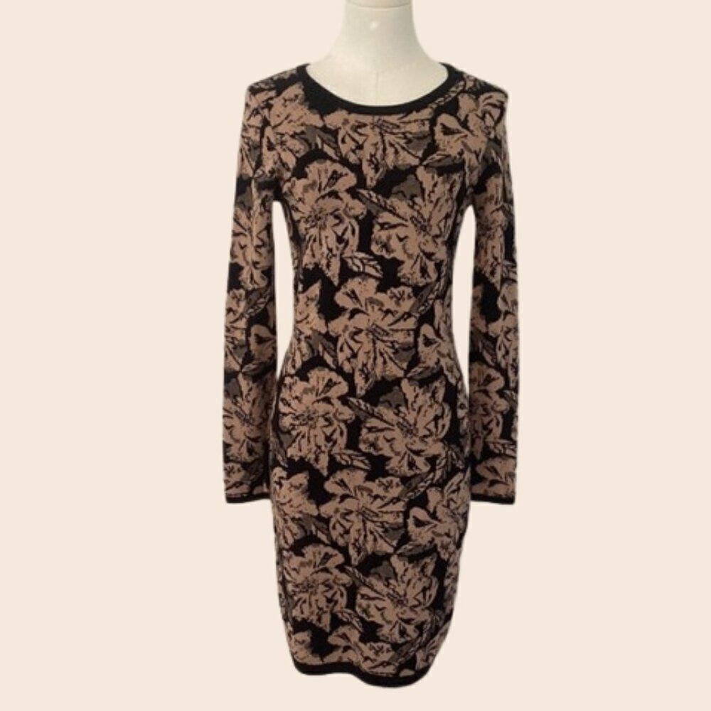 Carmen Marc Valvo Black & Tan Floral Sweater Mini Long Sleeve Dress Size Small